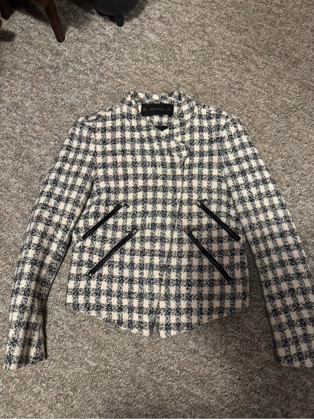 Zara Black and White Check Tweed Blazer size xs